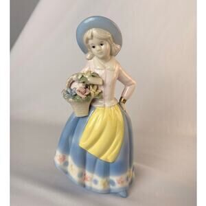 VINTAGE PORCELAIN FIGURINE GIRL WITH BASKET OF FLOWERS APPROX 6"